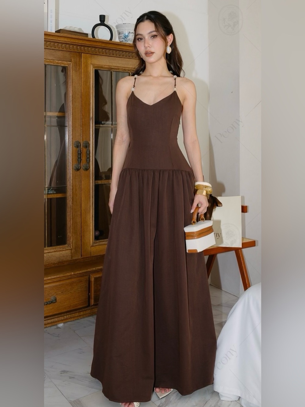 Women's Brown Spaghetti Strap Wide-Leg Dress